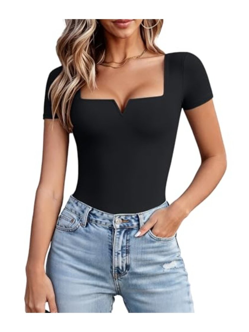 Short Sleeve Square Neck Bodysuit Thong Back Snap Closure Stretch
